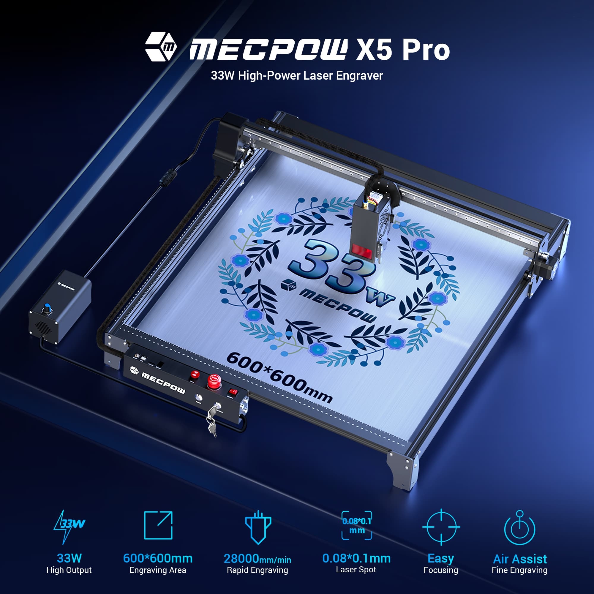 Mecpow X5 Pro laserová gravírovačka, výkon lasera 33 W, vzduchový asistent, laserový bod 0,08x0,1 mm, rýchlosť gravírovania 28000 mm/min, bezpečnostný zámok, núdzové zastavenie, detekcia plameňa, 600x600 mm