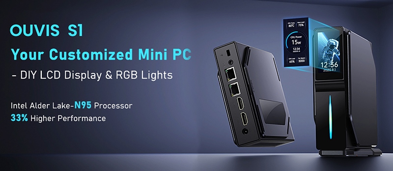 OUVIS S1 Mini PC s LCD obrazovkou RGB Light, Intel Alder Lake N95 (do 3.4 GHz) Windows 11 16 GB RAM 512 GB SSD 4K HD WiFi 5 Bluetooth 4.2 Dual LAN - EU Plug