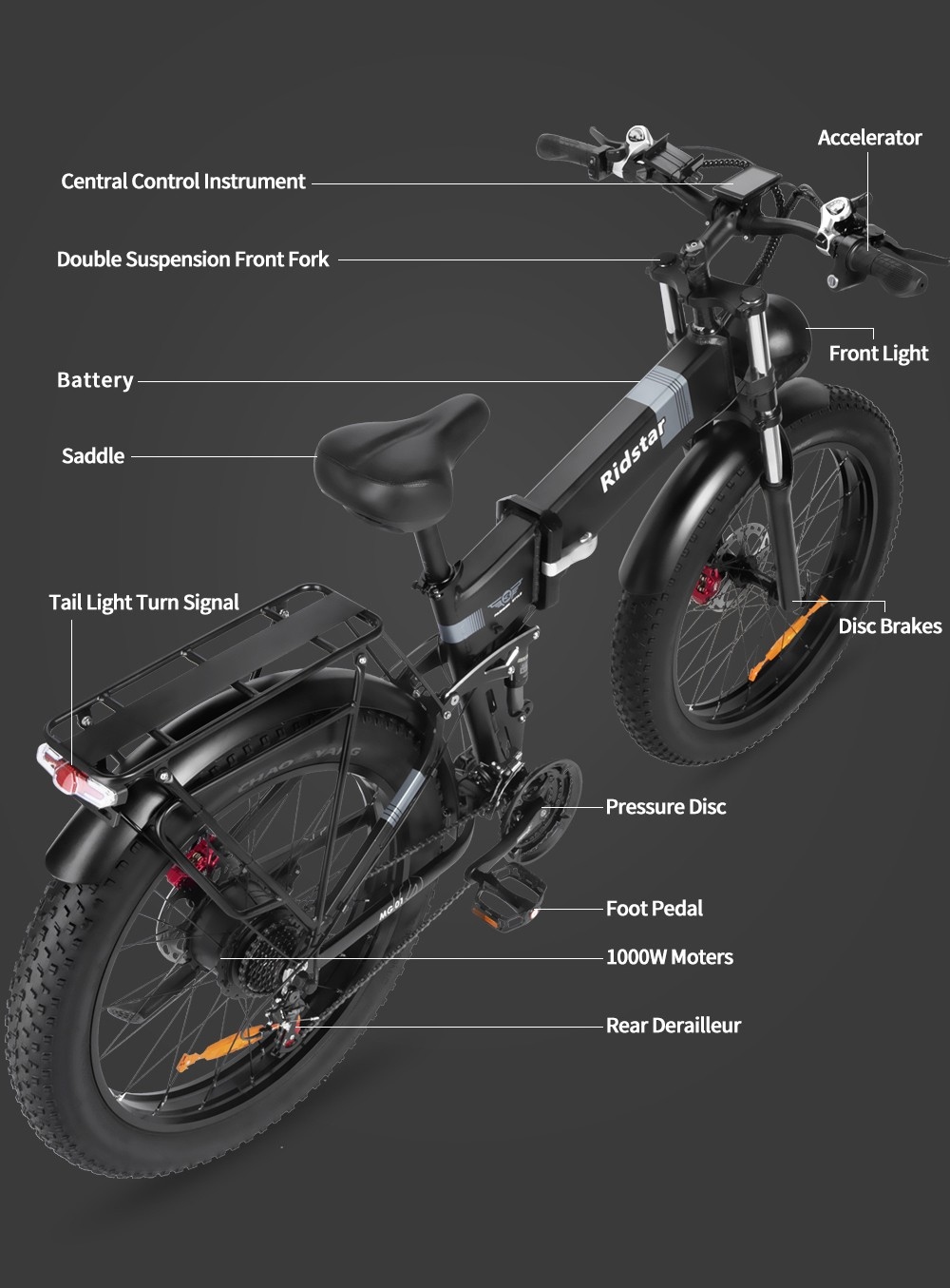 Ridstar H26 Pro Electric Bike, 26*4.0 palcov All-terrain Fat Tires 1000W Motor 48V 20Ah Battery 36mph Max Speed 120km Max Range Oil Brake