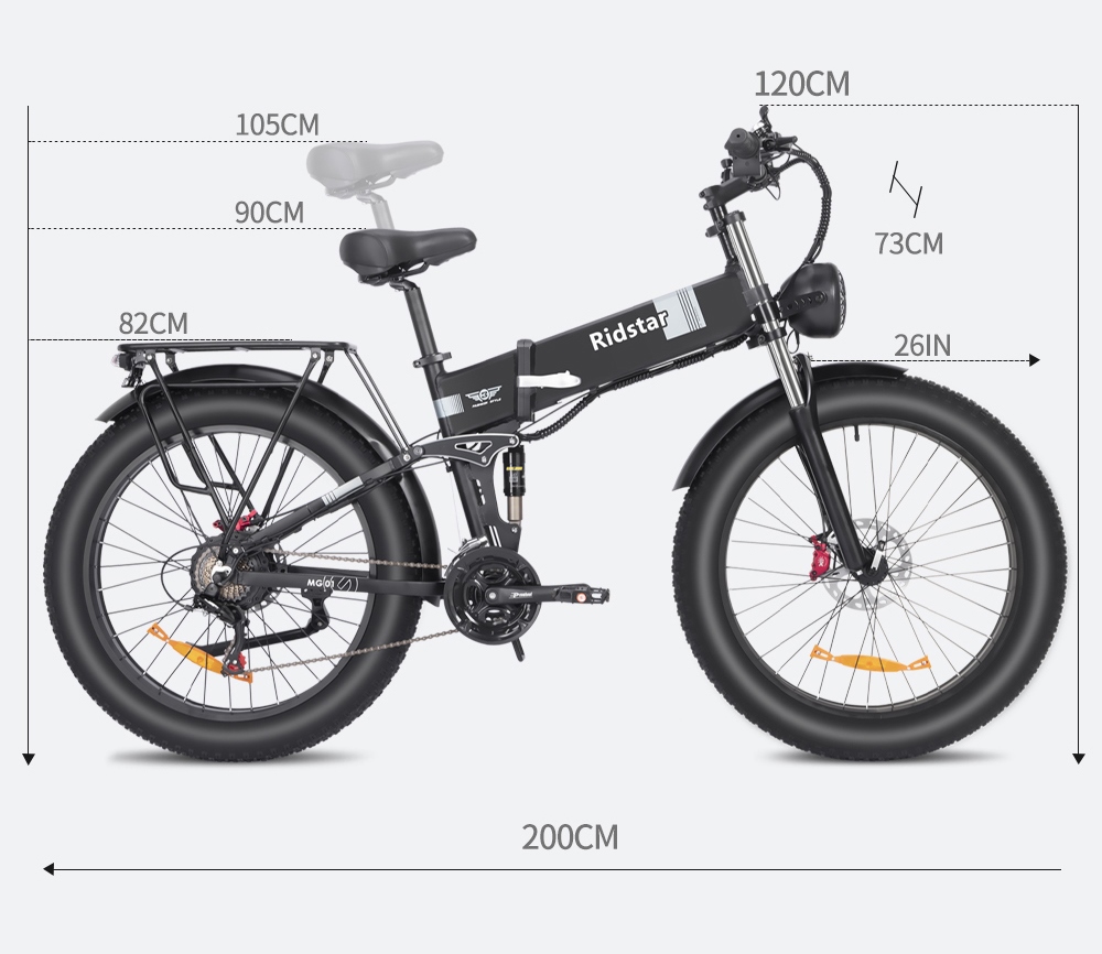 Ridstar H26 Pro Electric Bike, 26*4.0 palcov All-terrain Fat Tires 1000W Motor 48V 20Ah Battery 36mph Max Speed 120km Max Range Oil Brake