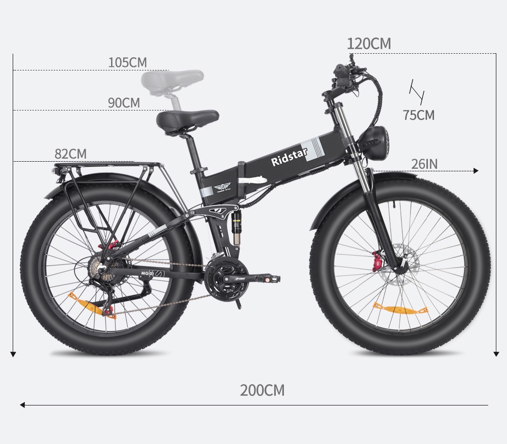 Ridstar H26 Pro Electric Bike, 26*4.0 inch All-terrain Fat Tires 1000W Motor 48V 20Ah Battery 36mph Max Speed 120km Max Range Oil Brake