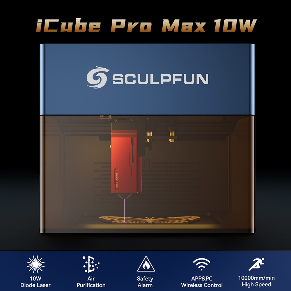 SCULPFUN iCube Pro Max 10W Laserový gravír, 0.08mm laserový bod, rýchlosť gravírovania 10000mm/min, 32-bitová základná doska, vymeniteľná šošovka, dymový filter, teplotný alarm, pripojenie k aplikácii, 120x120mm - EU Plug
