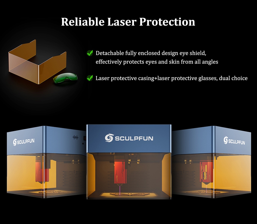 SCULPFUN iCube Pro Max 10W Laserový gravír, 0.08mm laserový bod, rýchlosť gravírovania 10000mm/min, 32-bitová základná doska, vymeniteľná šošovka, dymový filter, teplotný alarm, pripojenie k aplikácii, 120x120mm - EU Plug