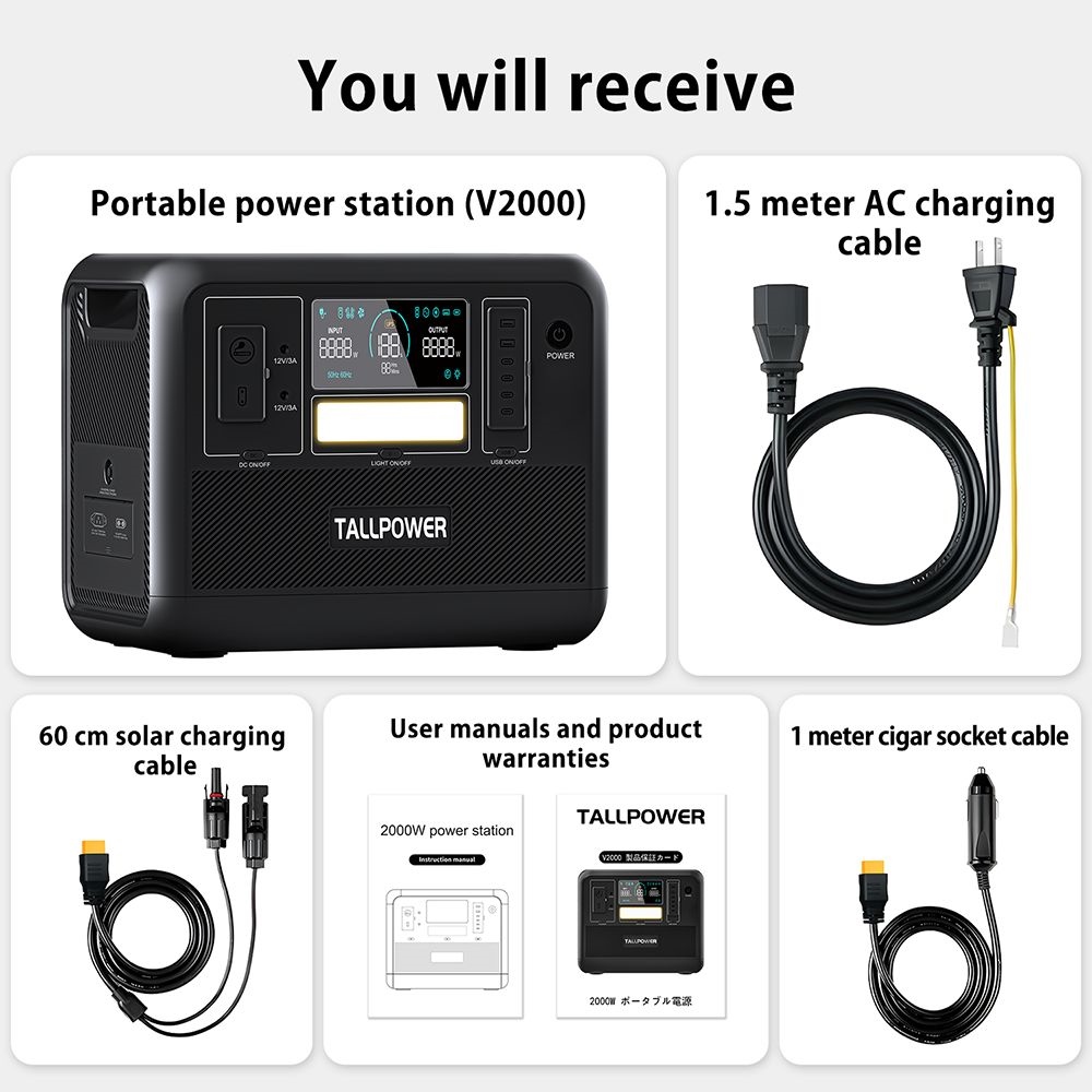 TALLPOWER V2000 Portable Power Station, 1536Wh LiFePo4 Solar Generator, 2000W AC Output, 1.5 Hours Fast Charging, PD 100W USB-C, UPS Function, LED Light, 13 Outputs - Black