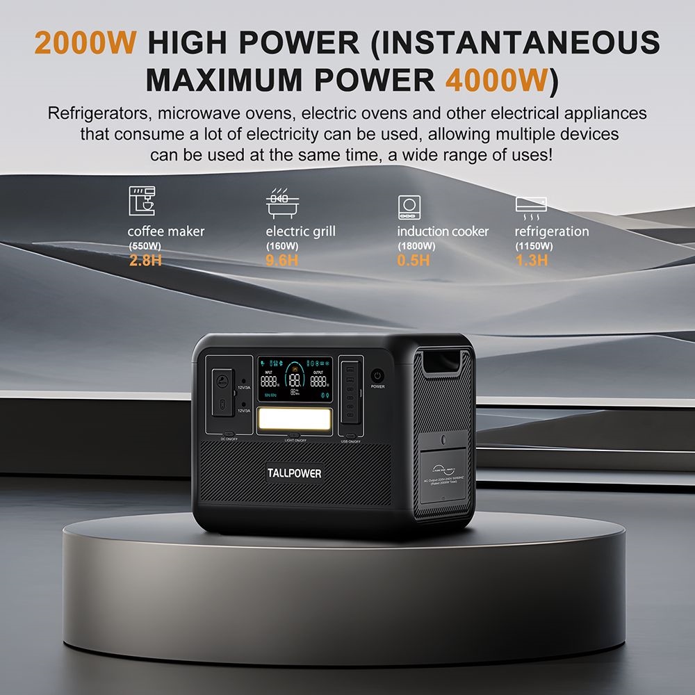 TALLPOWER V2000 Portable Power Station, 1536Wh LiFePo4 Solar Generator, 2000W AC Output, 1.5 Hours Fast Charging, PD 100W USB-C, UPS Function, LED Light, 13 Outputs - Black