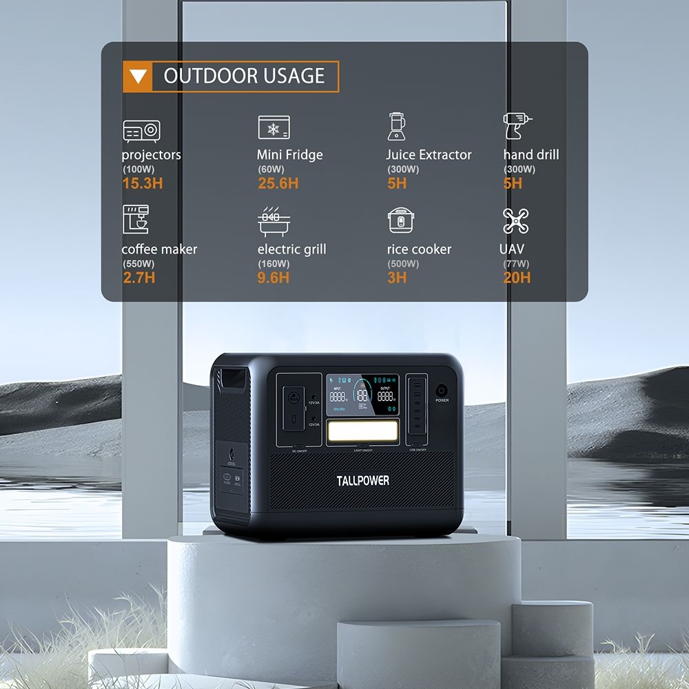 TALLPOWER V2000 Portable Power Station, 1536Wh LiFePo4 Solar Generator, 2000W AC Output, 1.5 Hours Fast Charging, PD 100W USB-C, UPS Function, LED Light, 13 Outputs - Black