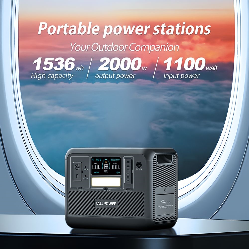 TALLPOWER V2000 Portable Power Station, 1536Wh LiFePo4 Solar Generator, 2000W AC Output, 1.5 Hours Fast Charging, PD 100W USB-C, UPS Function, LED Light, 13 Outputs - Grey