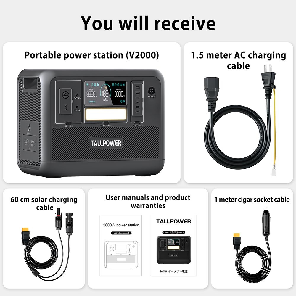 TALLPOWER V2000 Portable Power Station, 1536Wh LiFePo4 Solar Generator, 2000W AC Output, 1.5 Hours Fast Charging, PD 100W USB-C, UPS Function, LED Light, 13 Outputs - Grey