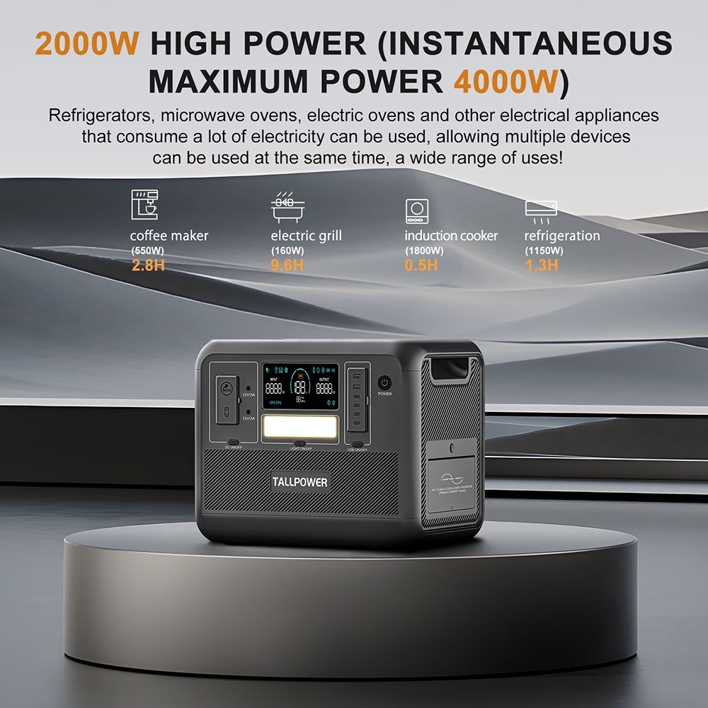 TALLPOWER V2000 Portable Power Station, 1536Wh LiFePo4 Solar Generator, 2000W AC Output, 1.5 Hours Fast Charging, PD 100W USB-C, UPS Function, LED Light, 13 Outputs - Grey