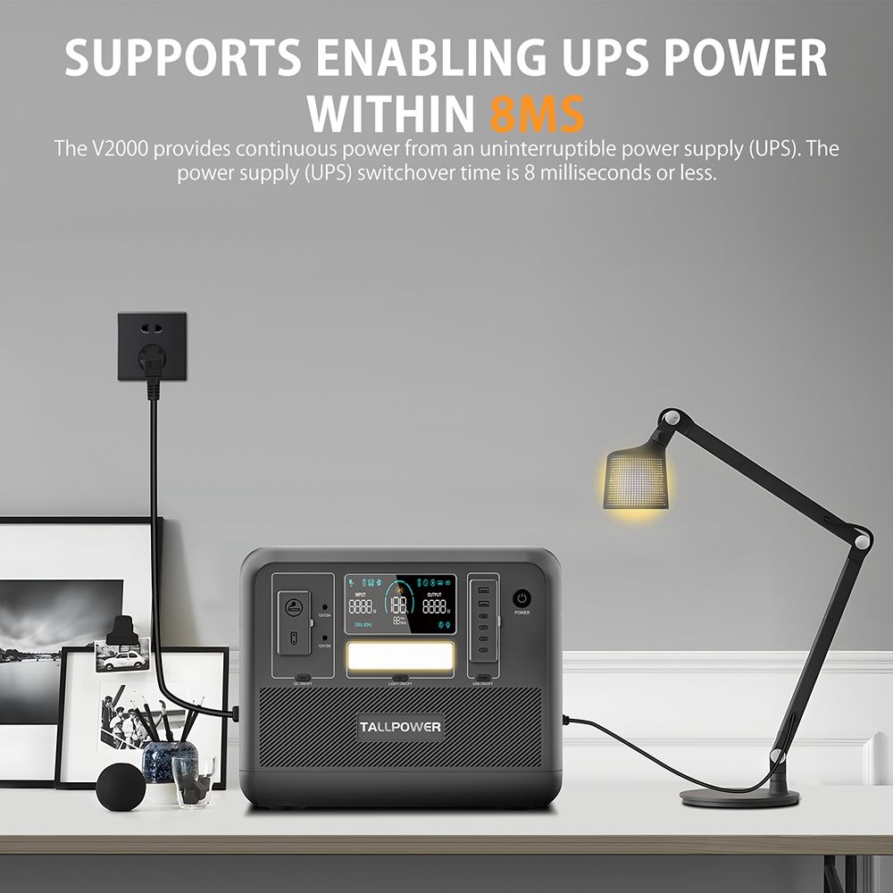 TALLPOWER V2000 Portable Power Station, 1536Wh LiFePo4 Solar Generator, 2000W AC Output, 1.5 Hours Fast Charging, PD 100W USB-C, UPS Function, LED Light, 13 Outputs - Grey