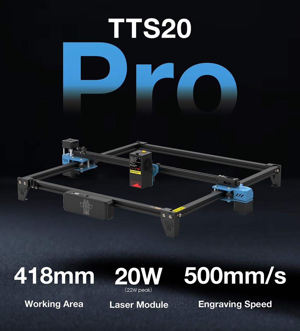 TWO TREES TTS-20 Pro 20W laserová gravírovacia fréza so vzduchovým čerpadlom, laserové lôžko, 0.08*0.08mm laserový bod, rýchlosť gravírovania 500mm/s, WiFi pripojenie, 98% predmontované, 418x418mm