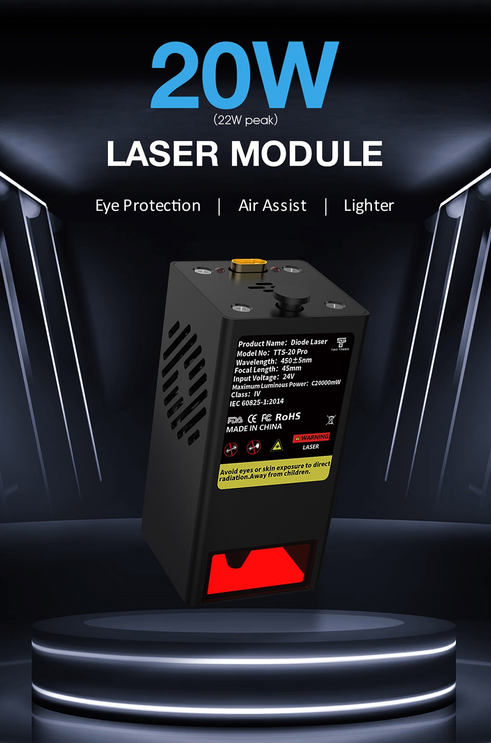 TWO TREES TTS-20 Pro 20W laserová gravírovacia fréza so vzduchovým čerpadlom, laserové lôžko, 0,08*0.08mm laserový bod, rýchlosť gravírovania 500mm/s, WiFi pripojenie, 98% predmontované, 418x418mm