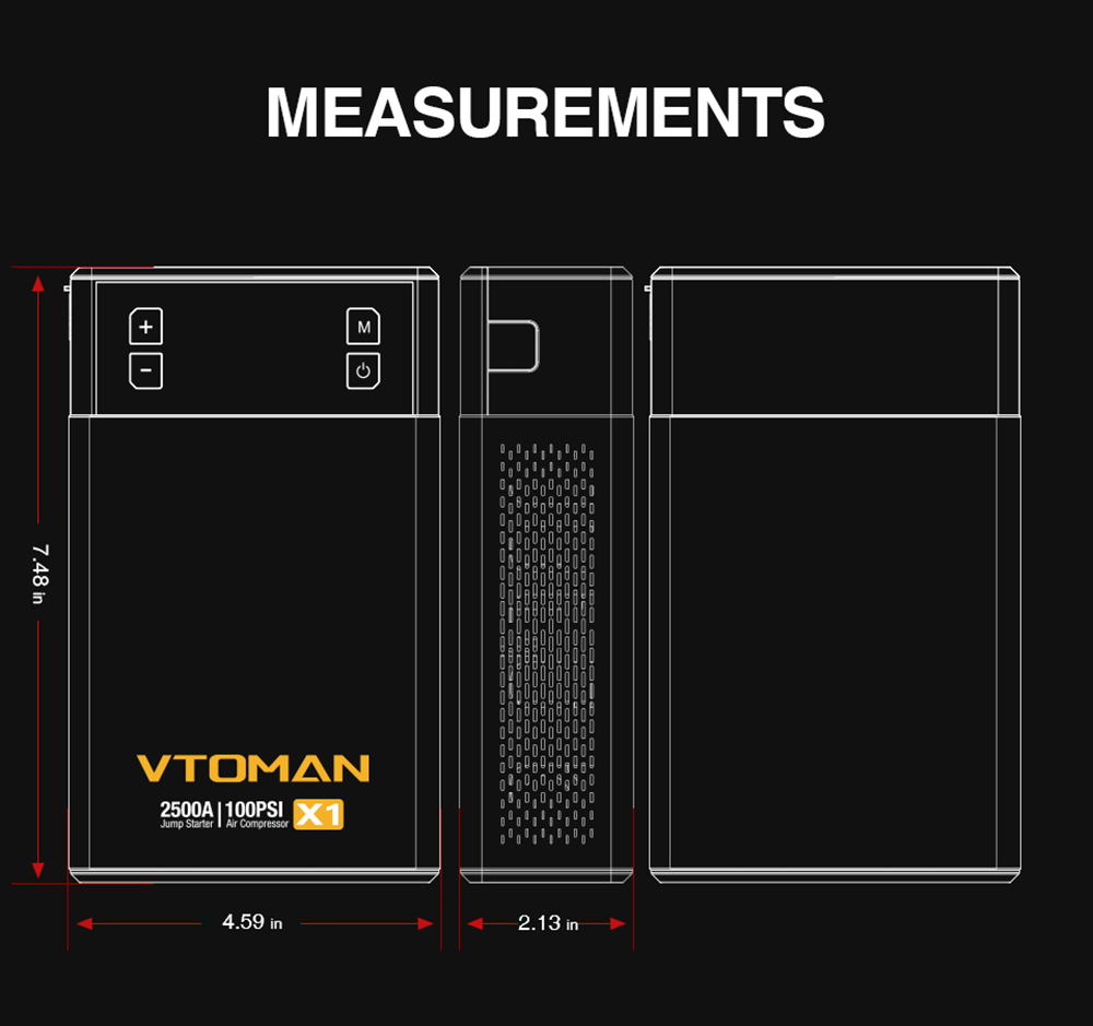 VTOMAN X1 Jump Starter so 100PSI vzduchovým kompresorom, špičkový štartér do auta s prúdom 2500 A, 12 V lítiový batériový Jump Box, autobatéria Booster Pack, kapacita batérie 18000 mAh, 400 lumenové LED svetlo