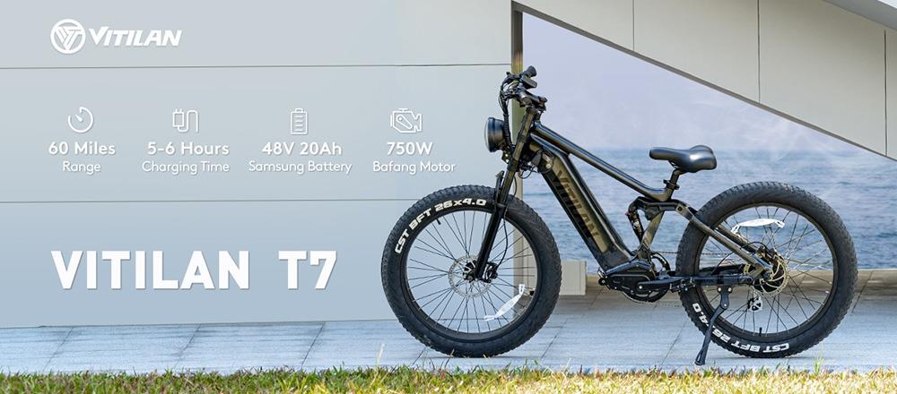 Vitilan T7 Mountain Electric Bike, 26*4.0-palcové pneumatiky CST Fat Tires 750W motor Bafang 48V 20Ah batéria Maximálna rýchlosť 28mph Maximálny dojazd 80 míľ Podsvietený LCD displej Predné & Zadné hydraulické kotúčové brzdy SHIMANO 8-rýchlostné - čierne