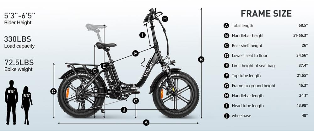 Vitilan U7 2.0 Foldable Electric Bike, 20*4.0-palcová tučná pneumatika 750W motor 48V 20Ah odnímateľná lítiová batéria LG Maximálna rýchlosť 28 km/h Dojazd 50-65 míľ Systém dvojitého odpruženia Hydraulické kotúčové brzdy - čierne