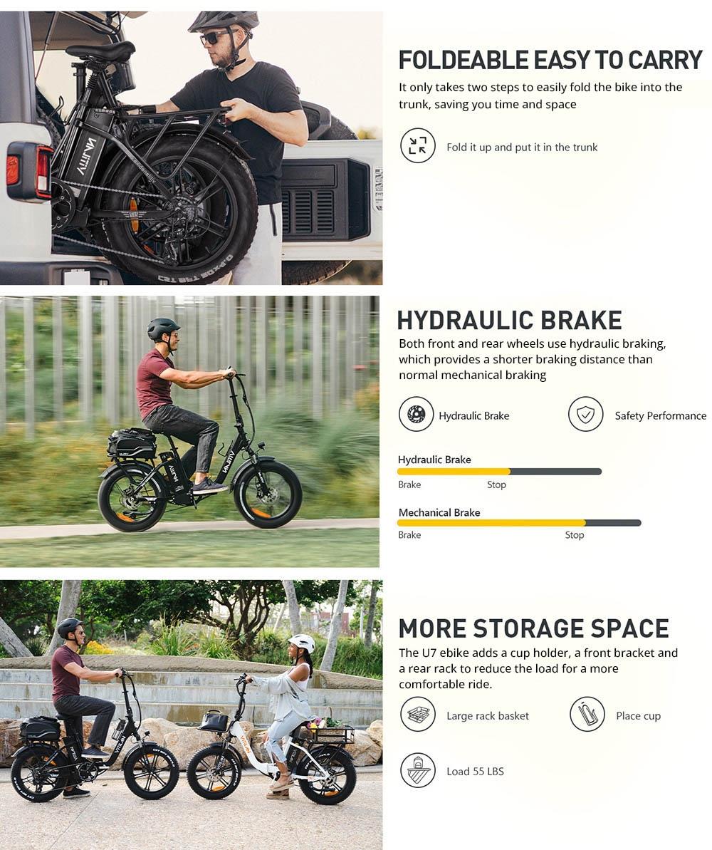 Vitilan U7 2.0 skladací elektrický bicykel, 20*4,0-palcová tučná pneumatika 750W motor 48V 20Ah odnímateľná LG lítiová batéria 28mph maximálna rýchlosť 50-65mil dojazd dvojitý systém odpruženia hydraulické kotúčové brzdy - čierna