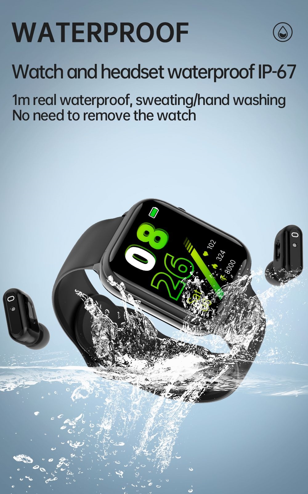 X8S 2 in 1 Smartwatch with TWS Earbuds Health Monitor Sport Watch Fitness Tracker Bluetooth Earphone