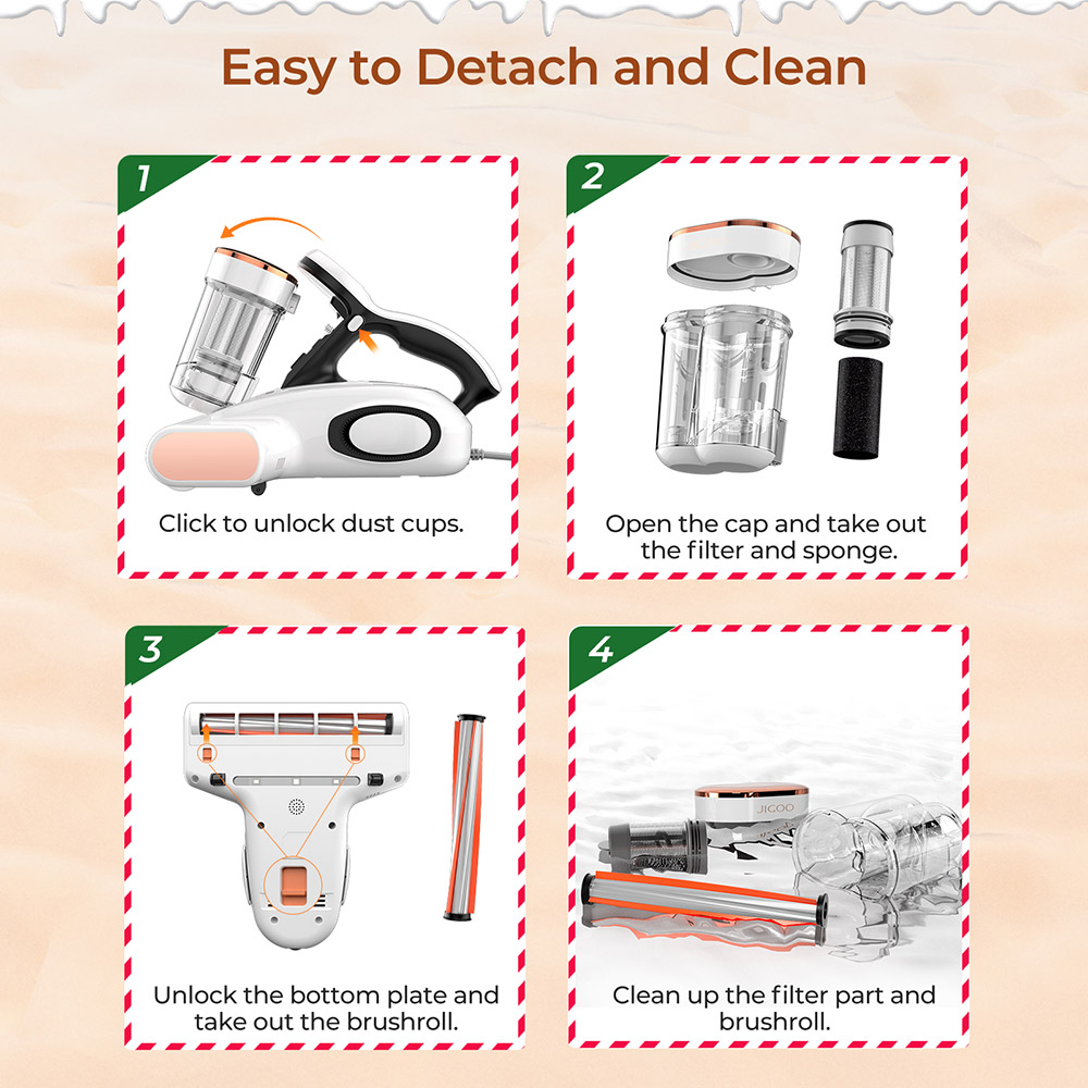 JIGOO J300 Dual-Cup Smart Mite Cleaner 13KPa Suction Dust Mite Sensor Metal Brushroll 55 Celsius Hot Air UV Light Ultrasonic Tech 99.9% Removing Mites 0.5L Dust Cup - White