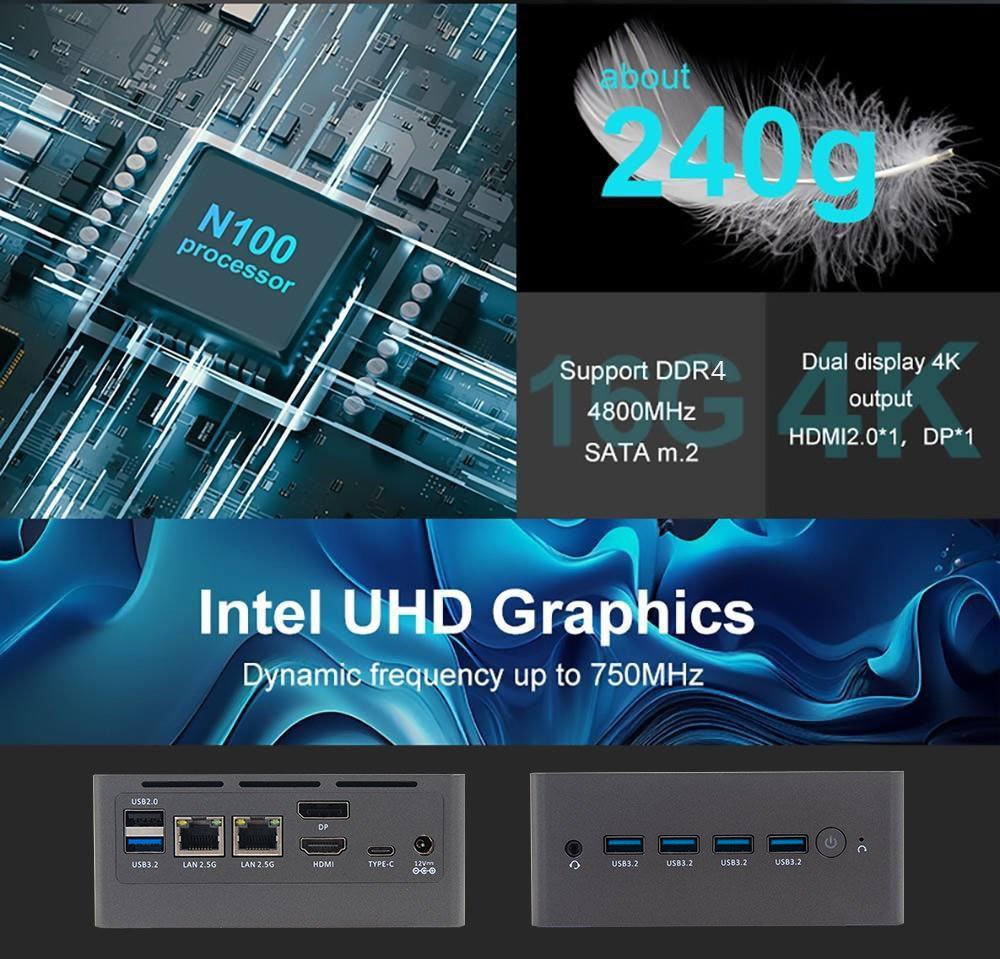 T-bao N9N Pro Mini PC Intel Core i3-N305 Processor, 8GB RAM and 256GB ROM, Windows 11 Pro, 5*USB3.2, 2*RJ45 Ports - EU