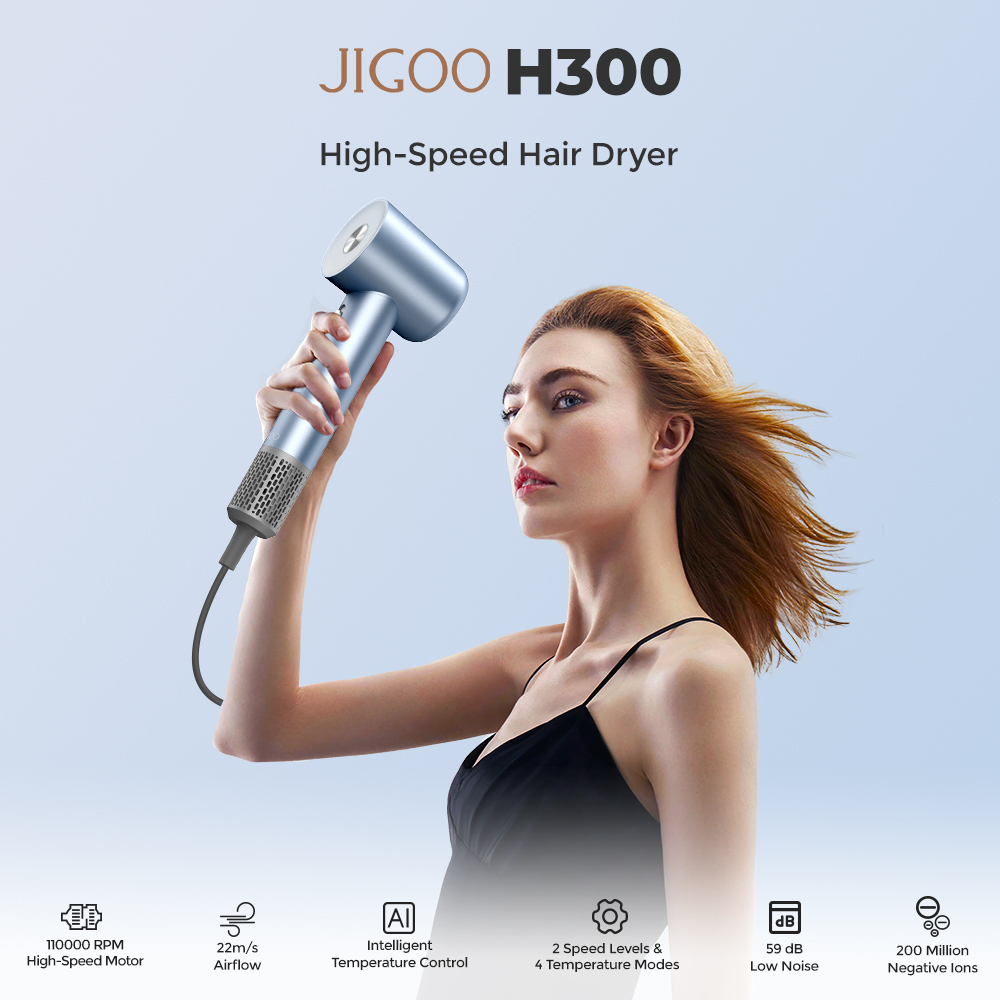 Vysokorýchlostný fén na vlasy JIGOO H300 1600W, 200 miliónov záporných iónov, 2 úrovne rýchlosti, bezkefový motor 110000 ot/min, nízka hlučnosť, 3-farebný svetelný krúžok