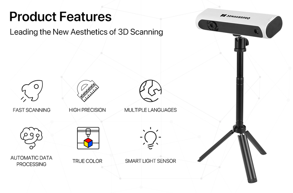 3DMakerpro Lynx 3D Scanner Standard Edition, 0.10mm Accuracy, 0.30mm Resolution, 10fps Frame Rate, Visual Tracking, 250x400mm Single Capture Range