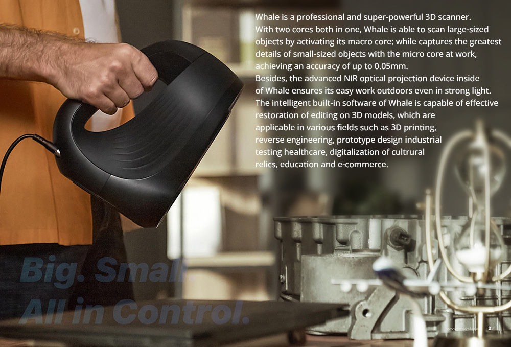 3DMakerpro Whale 3D Scanner Premium Edition, Dual Core, 0.05mm Accuracy, 0.2mm Resolution, 10fps Frame Rate, No Marker Scanning, 530x370mm Single Capture Range, with Turntable