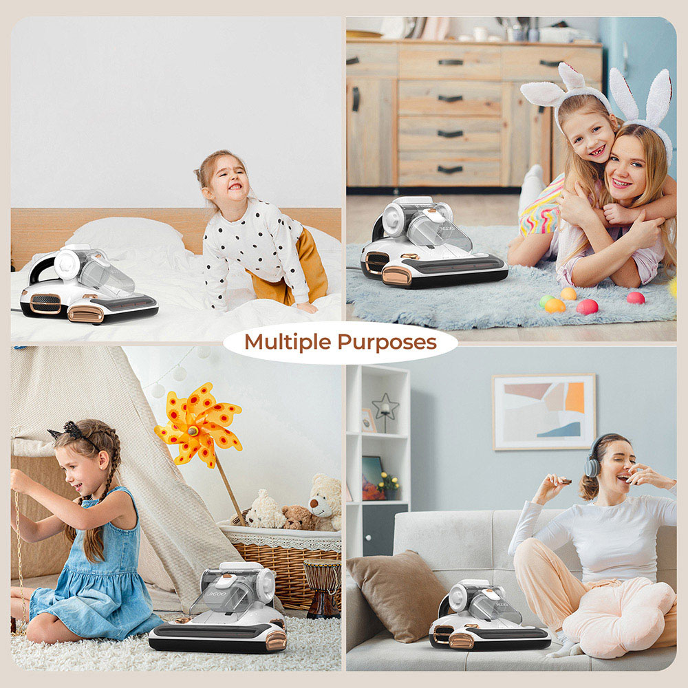 JIGOO T600 Dual-Cup Smart Mite Cleaner Bed Vacuum Cleaner with Aroma-Diffuser System, 700W 15KPa Suction, Dust Mite Sensor, UV Light, Ultrasonic Tech, 99.99% Mites Removal, US Plug - White