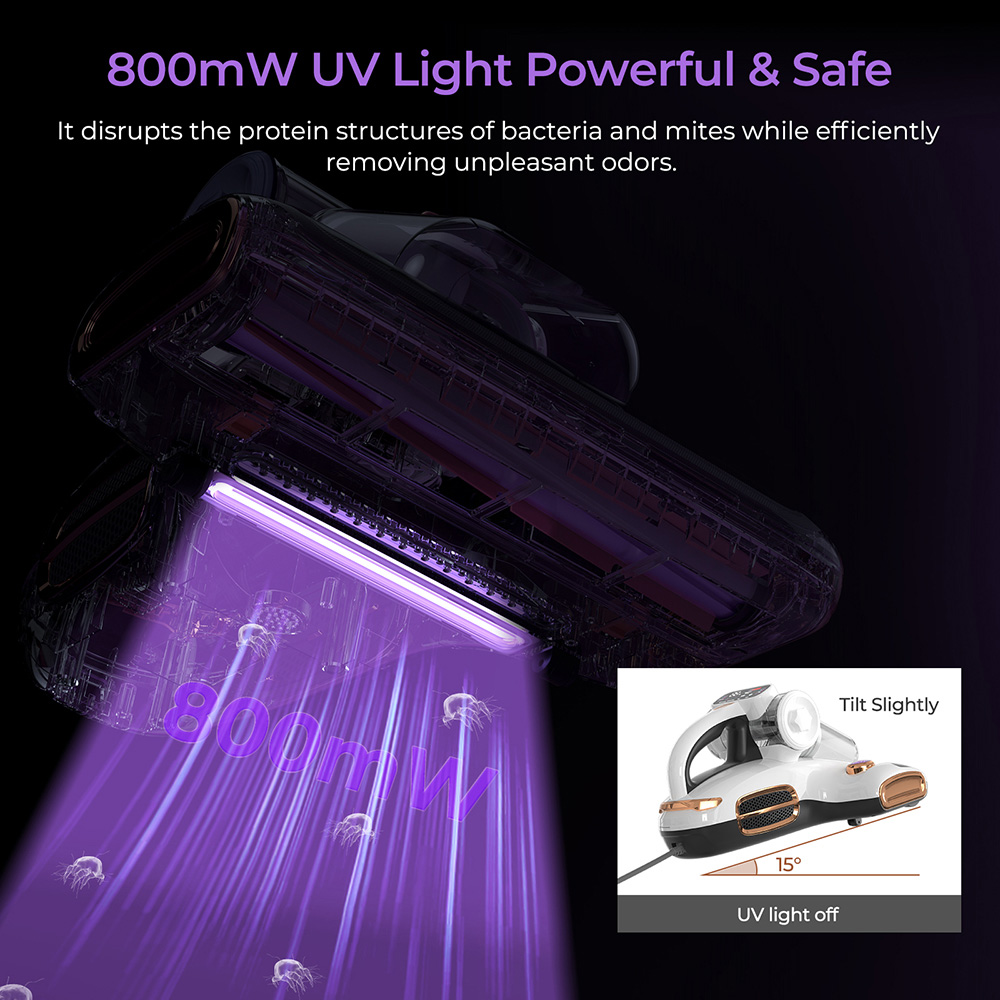 JIGOO T600 Dual-Cup Smart Mite Cleaner Bed Vacuum Cleaner with Aroma-Diffuser System, 700W 15KPa Suction, Dust Mite Sensor, UV Light, Ultrasonic Tech, 99.99% Mites Removal, US Plug - White
