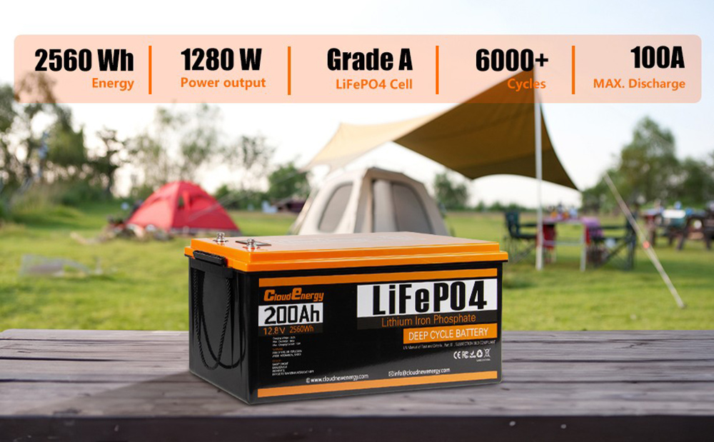 Cloudenergy 12V 200Ah LiFePO4 Battery Pack Backup Power, energia 2560Wh, 6000+ cyklov, vstavaná 100A BMS, podpora v sérii/paralelne, ideálna na nahradenie väčšiny záložných zdrojov, RV, lode, solárne, trollingové motory, mimo siete