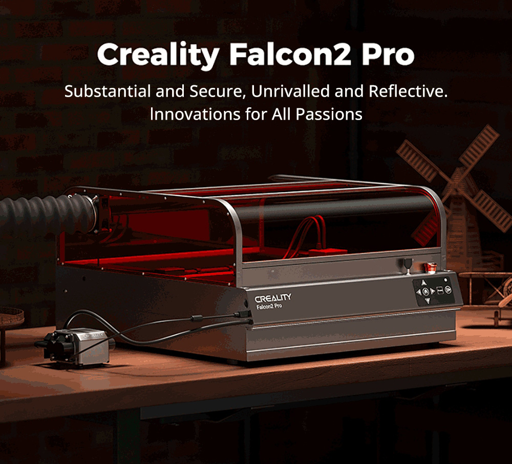 Creality Falcon2 Pro 40W laserová gravírovacia fréza, integrovaný vzduchový asistent, zakrivený viditeľný kryt, zabudovaná kamera, zásuvková konštrukcia, ochranná lišta typu plot, monitorovanie ohňa / prúdenia vzduchu / objektívu, 400x415mm