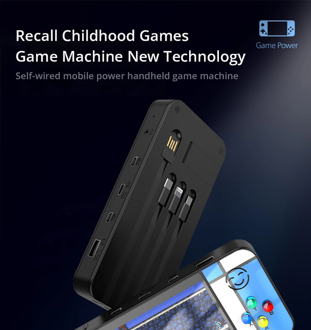 D41 2-in-1 Handheld Game Console Power Bank, 3.5 inch LCD Screen, 500 Games, Built-in USB Cable and 3 Date Cables for Mobile Phone Charging, Support Dual Gamepads Connection and HD Output, 8000mAh Battery - Black+Red+Blue