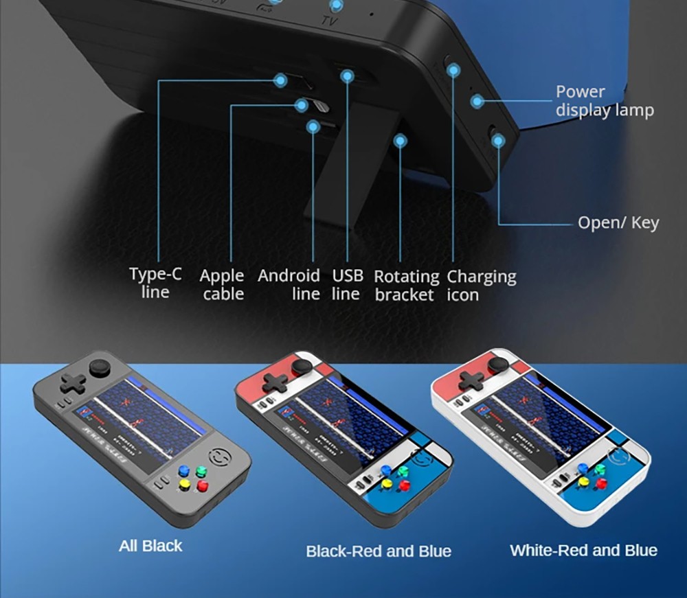 D41 2-in-1 Handheld Game Console Power Bank, 3.5 inch LCD Screen, 500 Games, Built-in USB Cable and 3 Date Cables for Mobile Phone Charging, Support Dual Gamepads Connection and HD Output, 8000mAh Battery - Black+Red+Blue