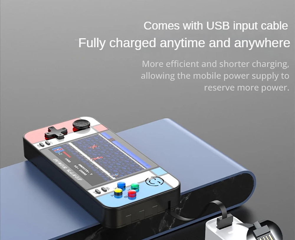 D41 2-in-1 Handheld Game Console Power Bank, 3.5 inch LCD Screen, 500 Games, Built-in USB Cable and 3 Date Cables for Mobile Phone Charging, Support Dual Gamepads Connection and HD Output, 8000mAh Battery - White+Red+Blue