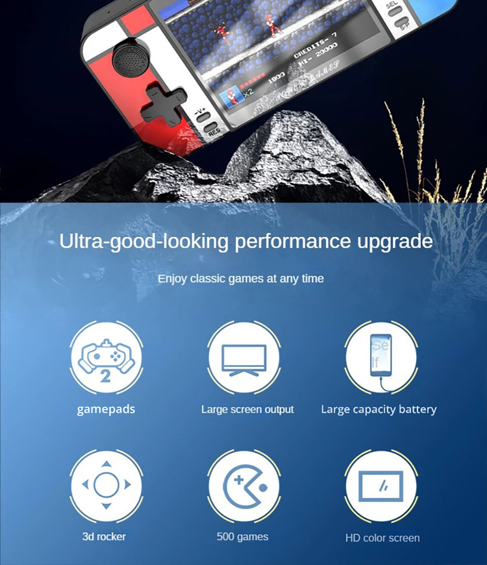 D41 2-in-1 Handheld Game Console with 2 Gamepads Power Bank, 3.5 inch LCD Screen, 500 Games, Built-in USB Cable and 3 Date Cables for Mobile Phone Charging, Support Dual Gamepads Connection and HD Output, 8000mAh Battery - Black+Red+Blue