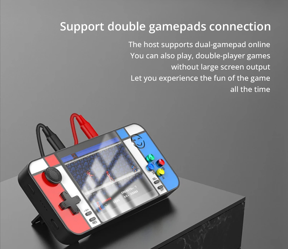 D41 2-in-1 Handheld Game Console with 2 Gamepads Power Bank, 3.5 inch LCD Screen, 500 Games, Built-in USB Cable and 3 Date Cables for Mobile Phone Charging, Support Dual Gamepads Connection and HD Output, 8000mAh Battery - Black+Red+Blue