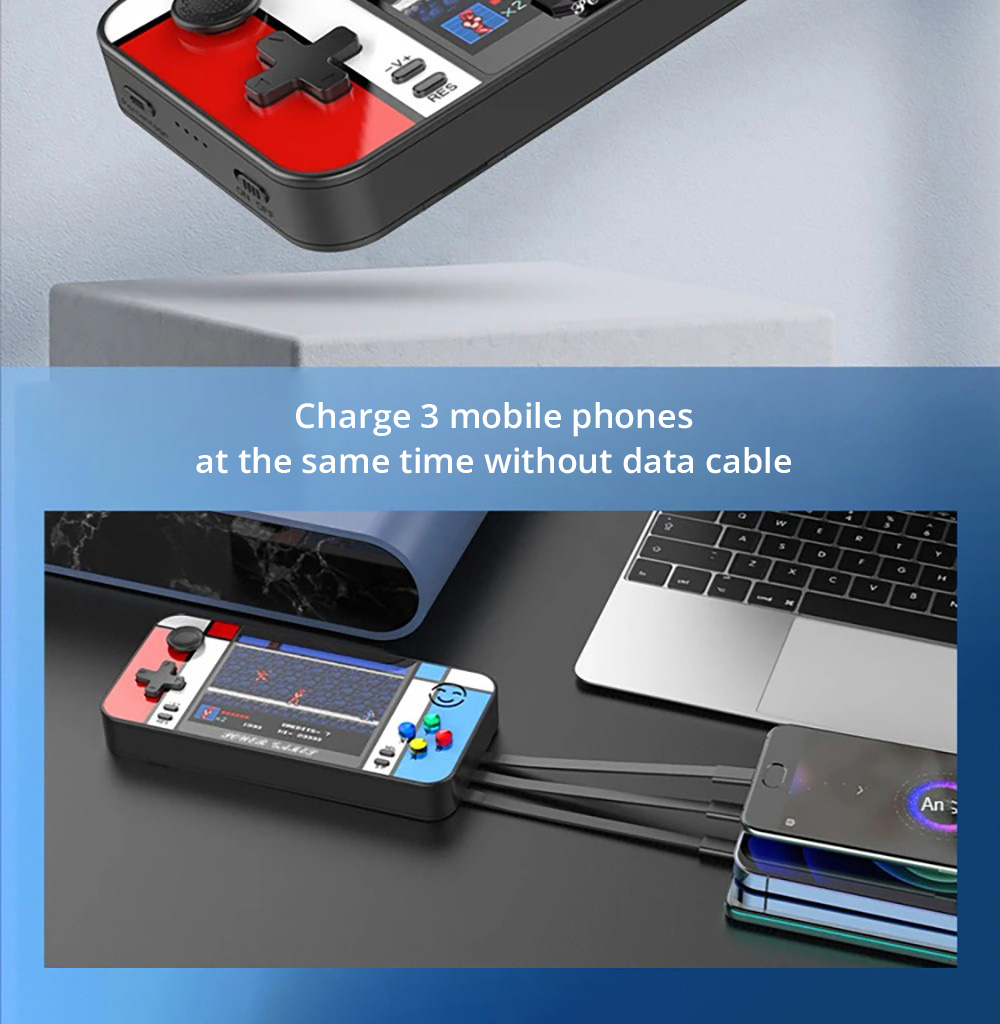 D41 2-in-1 Handheld Game Console with 2 Gamepads Power Bank, 3.5 inch LCD Screen, 500 Games, Built-in USB Cable and 3 Date Cables for Mobile Phone Charging, Support Dual Gamepads Connection and HD Output, 8000mAh Battery - Black+Red+Blue