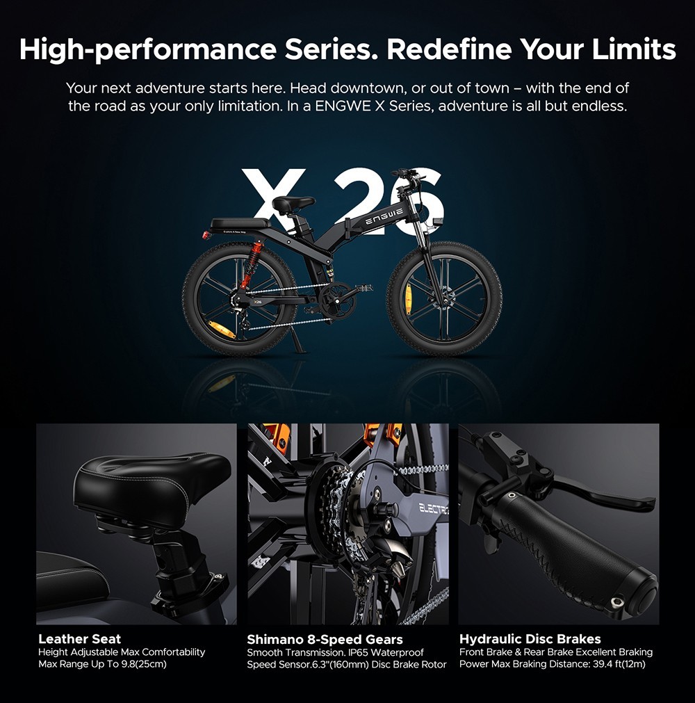 ENGWE X24 Electric Bike 24*4.0 inch Fat Tire 50km/h Max Speed 48V 1000W Motor 19.2Ah Battery for 100km Range 150kg Load Shimano 8-Speed Dual Hydraulic Disc Brake - Black