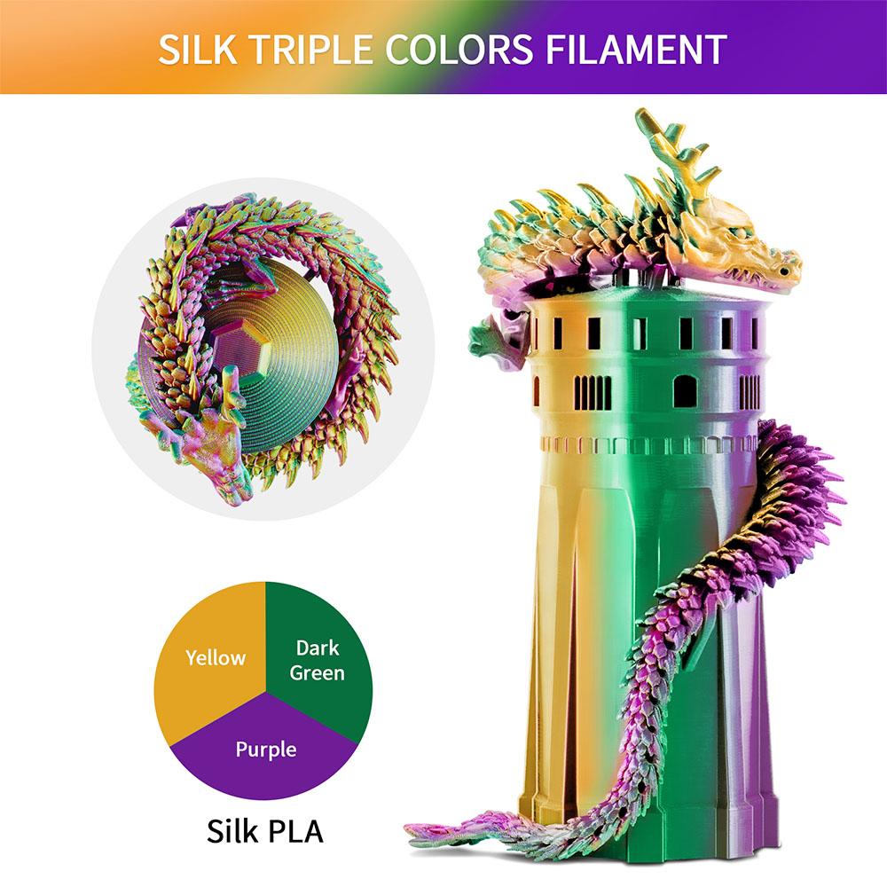 ERYONE Triple-Color Silk PLA Filament 1kg - Dark Green & Purple & Yellow