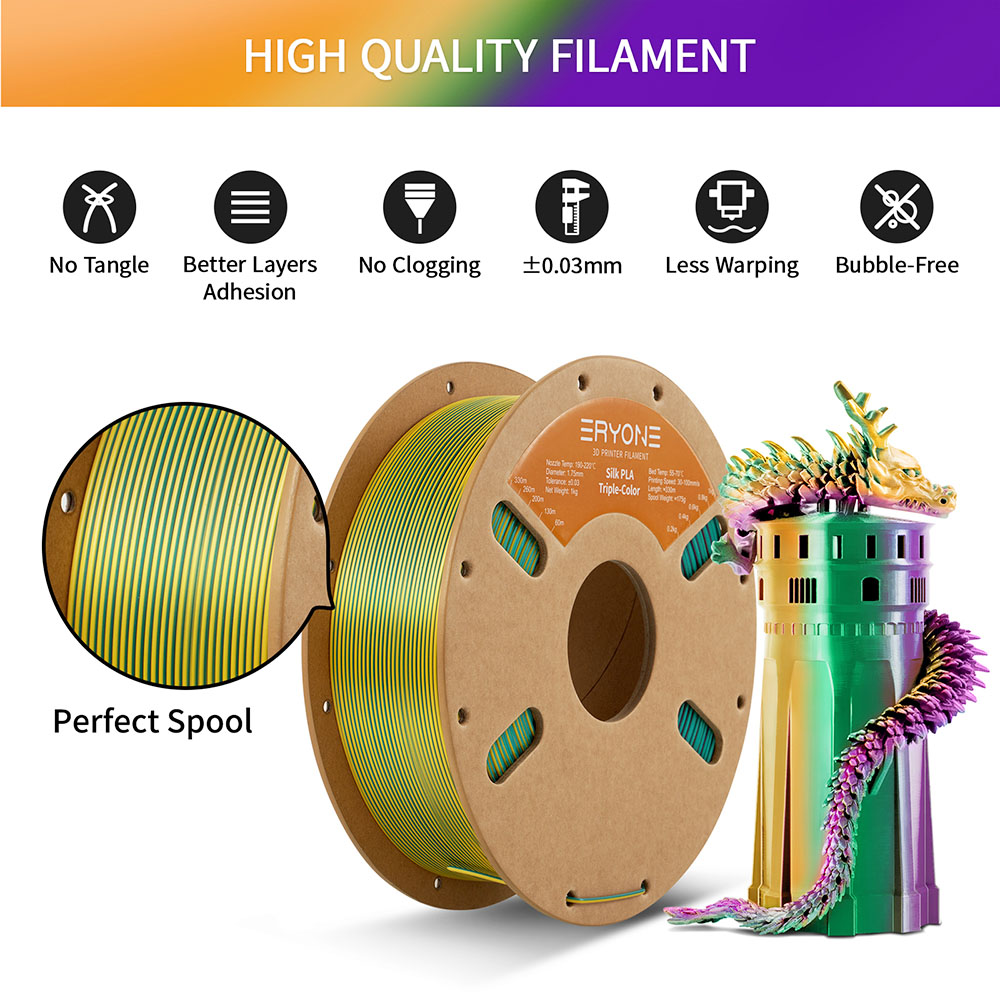 ERYONE Triple-Color Silk PLA Filament 1kg - Dark Green &; Purple &; Yellow