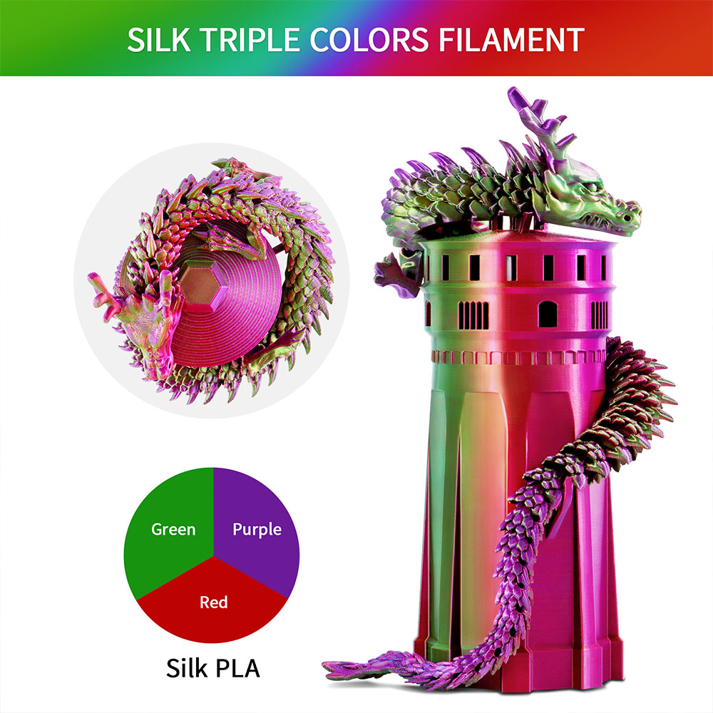 ERYONE Triple-Color Silk PLA Filament 1kg - Red & Purple & Green