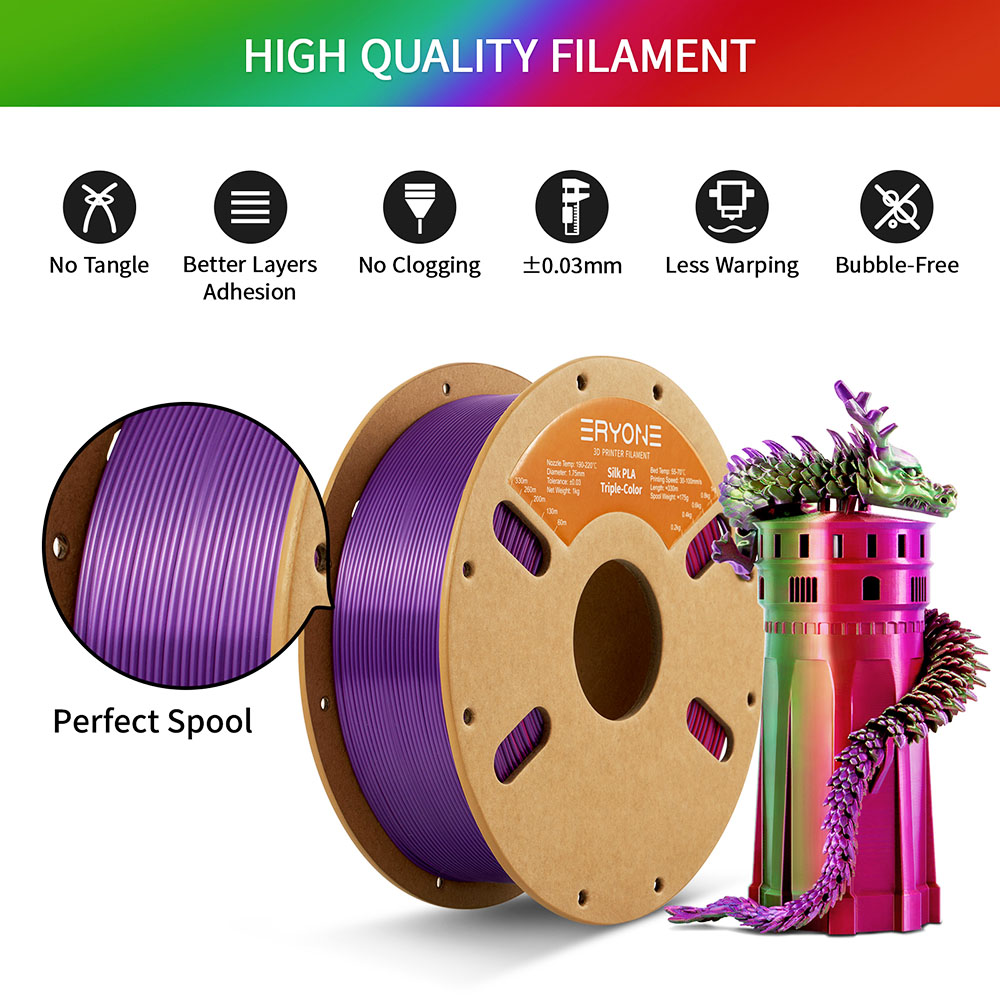 ERYONE Triple-Color Silk PLA Filament 1kg - Red & Purple & Green