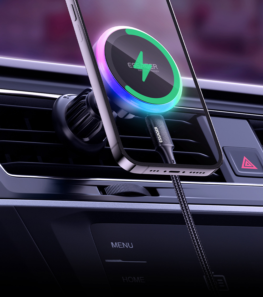 ESSAGER 15W RGB Magnetic Wireless Charger Car Holder, for iPhone 15 14 Pro Max Samsung Xiaomi Smartphone