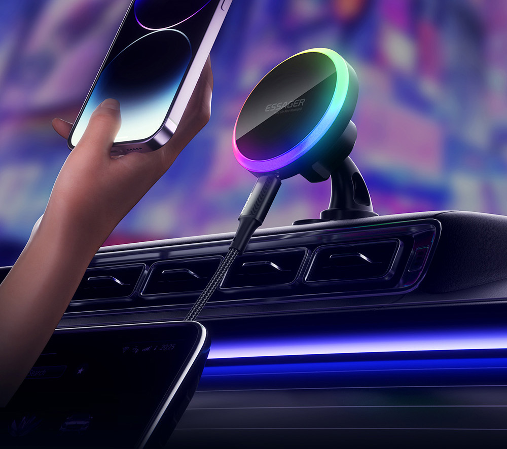 ESSAGER 15W RGB Magnetic Wireless Charger Car Holder, for iPhone 15 14 Pro Max Samsung Xiaomi Smartphone