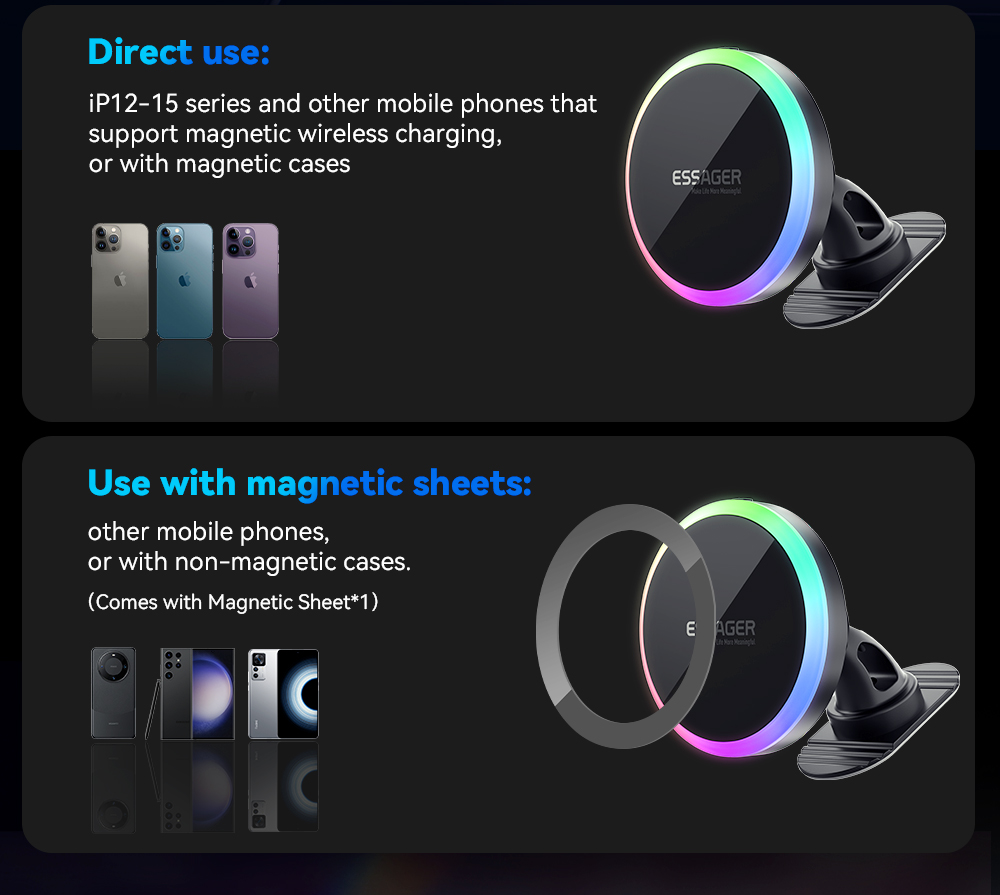 ESSAGER 15W RGB Magnetic Wireless Charger Car Holder, for iPhone 15 14 Pro Max Samsung Xiaomi Smartphone
