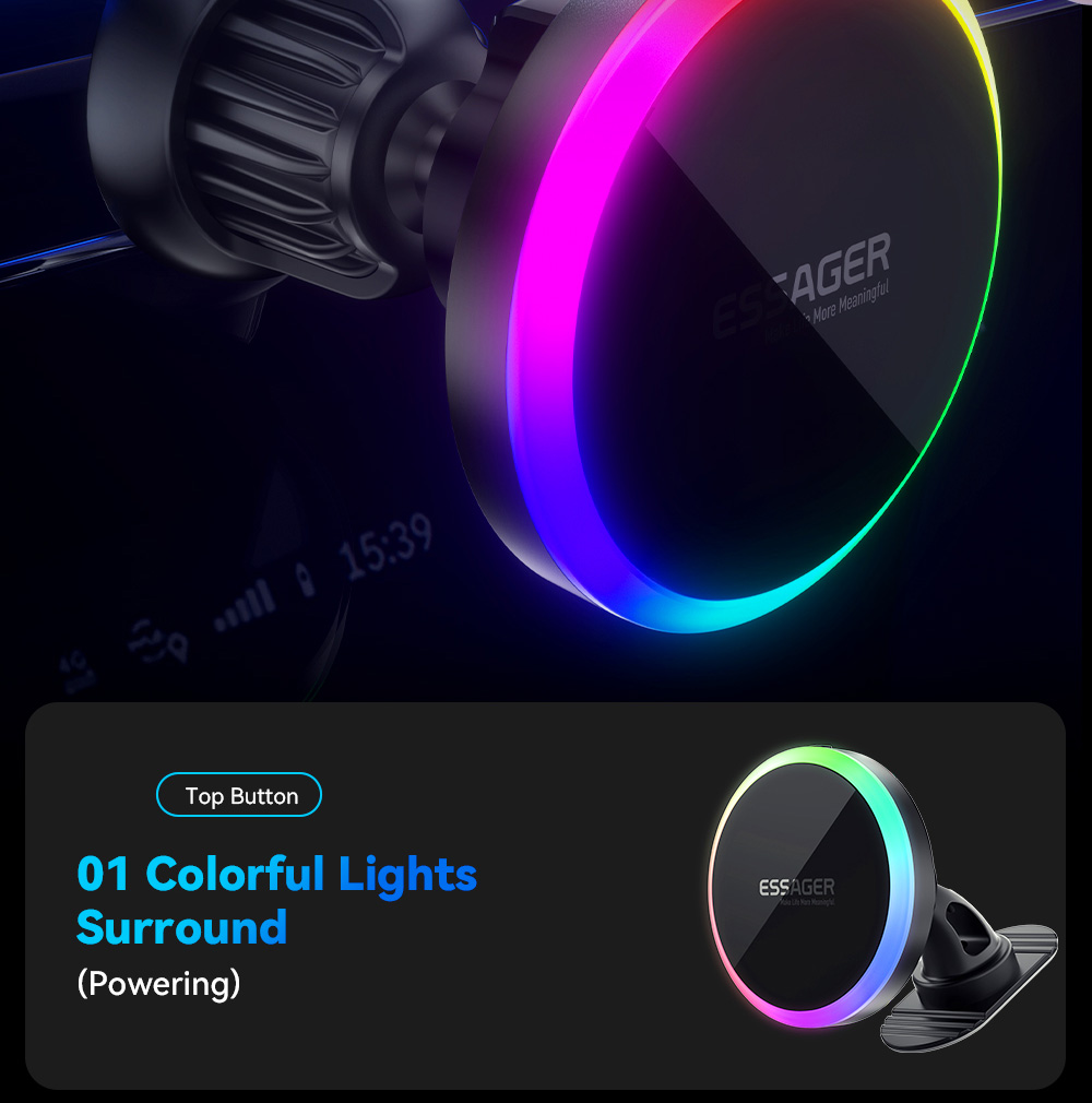ESSAGER 15W RGB Magnetic Wireless Charger Car Holder, for iPhone 15 14 Pro Max Samsung Xiaomi Smartphone