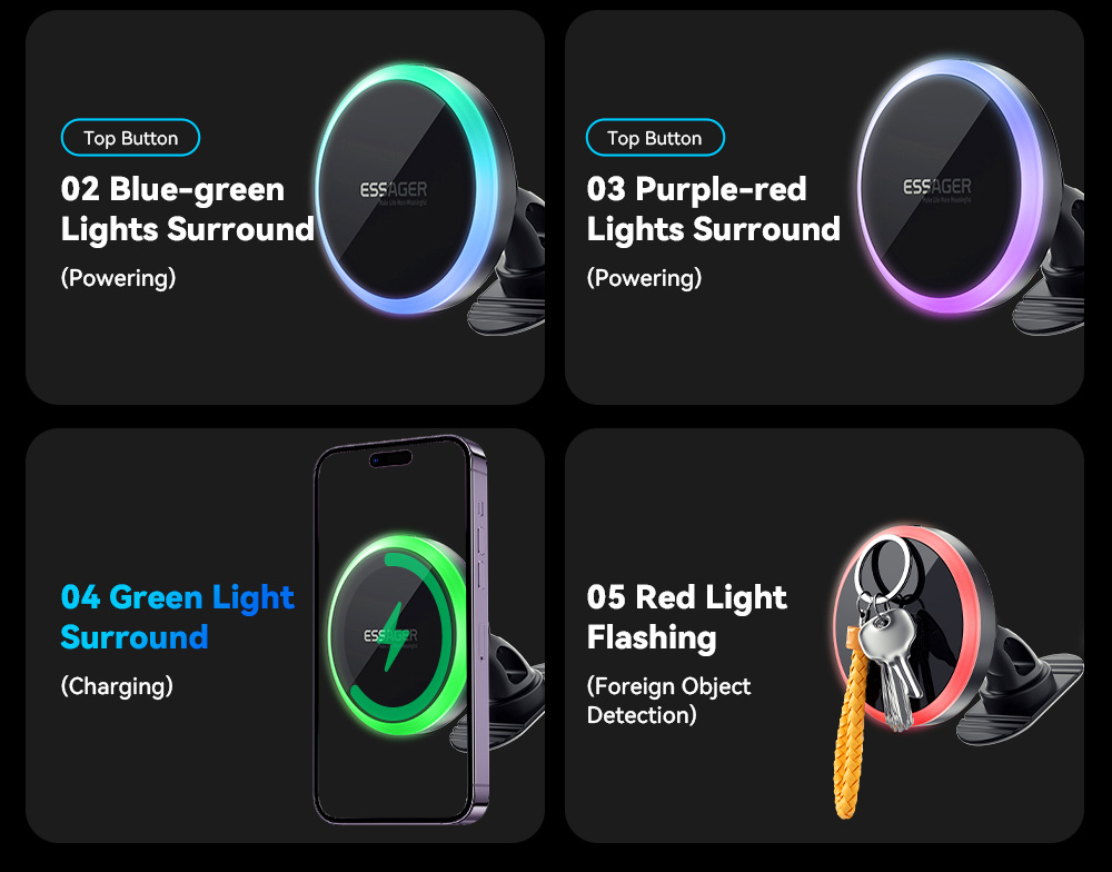 ESSAGER 15W RGB Magnetic Wireless Charger Car Holder, for iPhone 15 14 Pro Max Samsung Xiaomi Smartphone