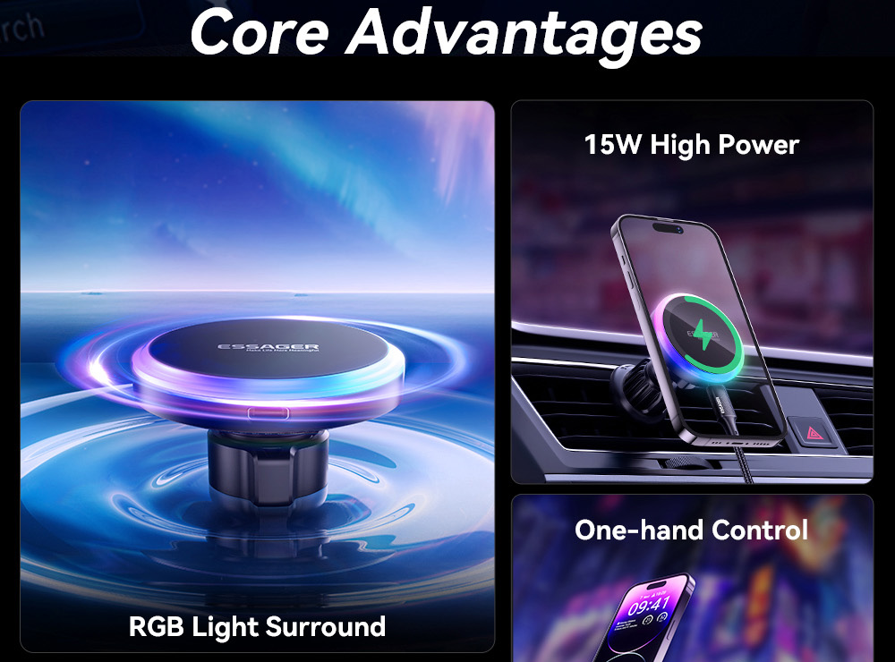 ESSAGER 15W RGB Magnetic Wireless Charger Car Holder, for iPhone 15 14 Pro Max Samsung Xiaomi Smartphone