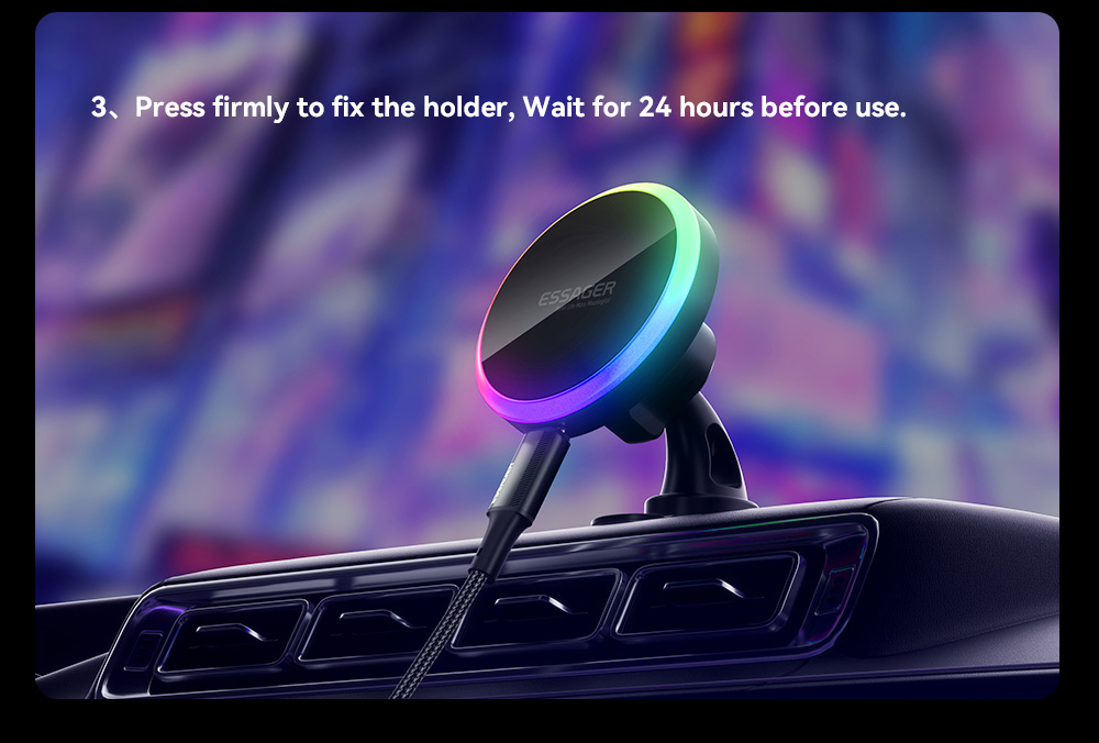 ESSAGER 15W RGB Magnetic Wireless Charger Car Holder, for iPhone 15 14 Pro Max Samsung Xiaomi Smartphone