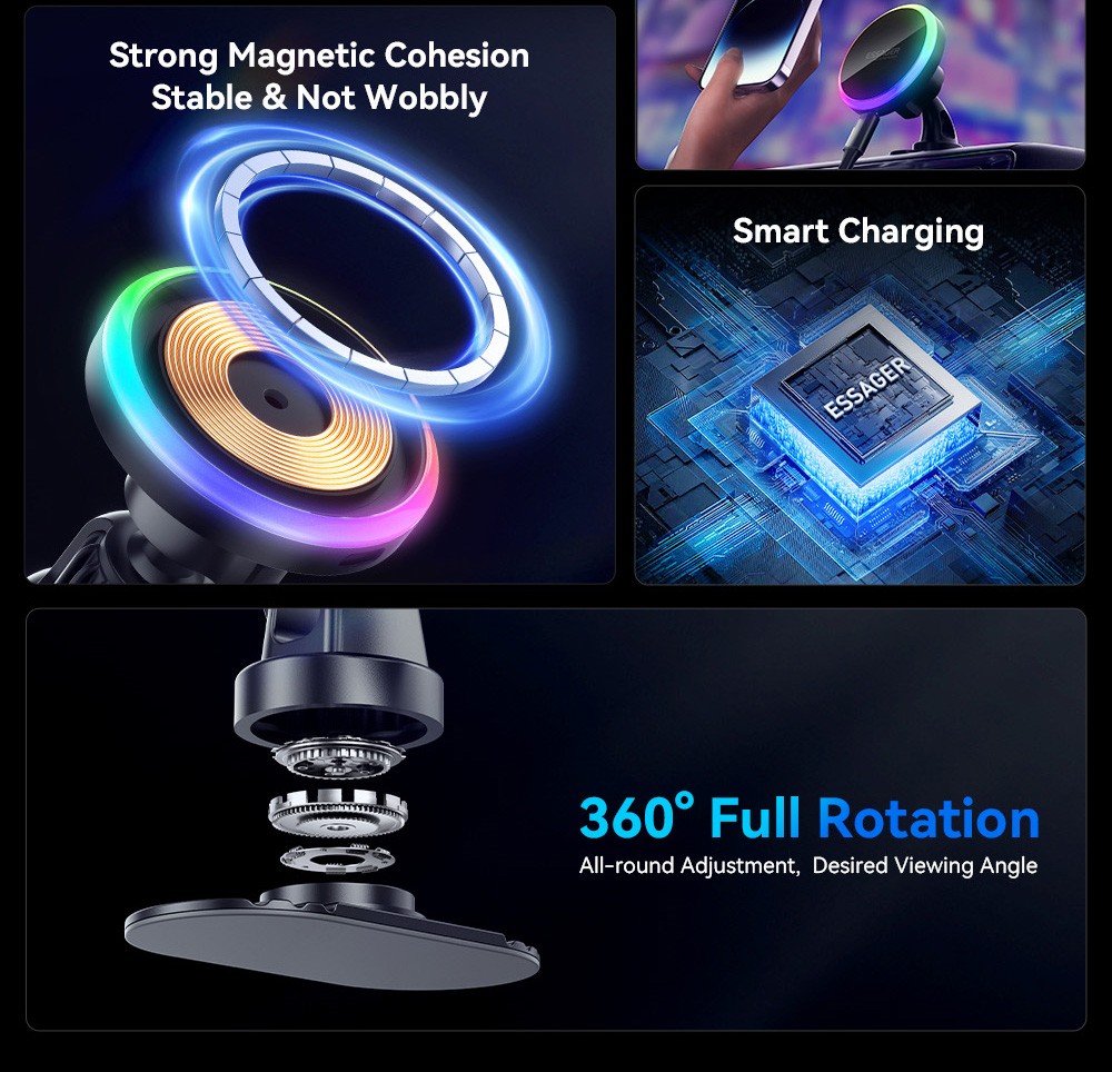 ESSAGER 15W RGB Magnetic Wireless Charger Car Holder, for iPhone 15 14 Pro Max Samsung Xiaomi Smartphone