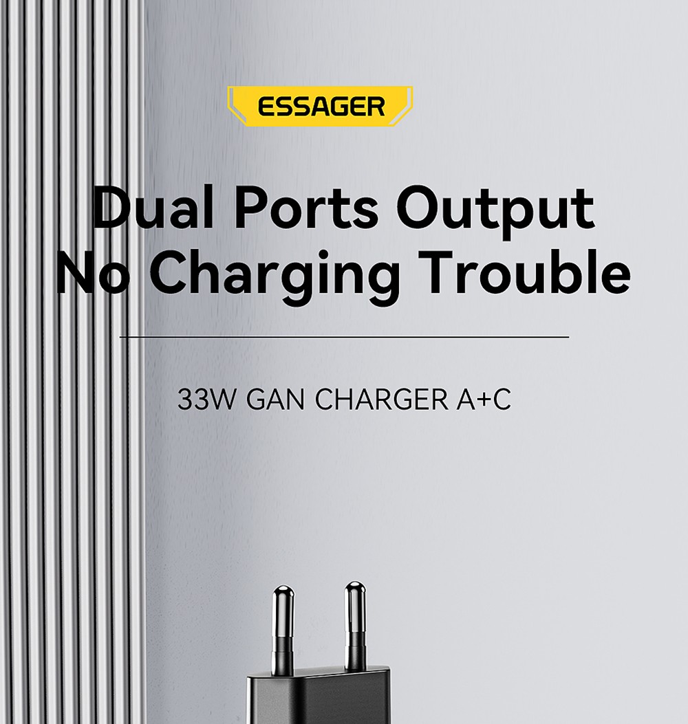 ESSAGER 33W GaN Charger, USB-A + Type-C, PD 3.0 QC 3.0 Fast Charging, Intelligent Charging Protection, for iPhone iPad Xiaomi Mobile Phone Tablet, EU Plug - Black